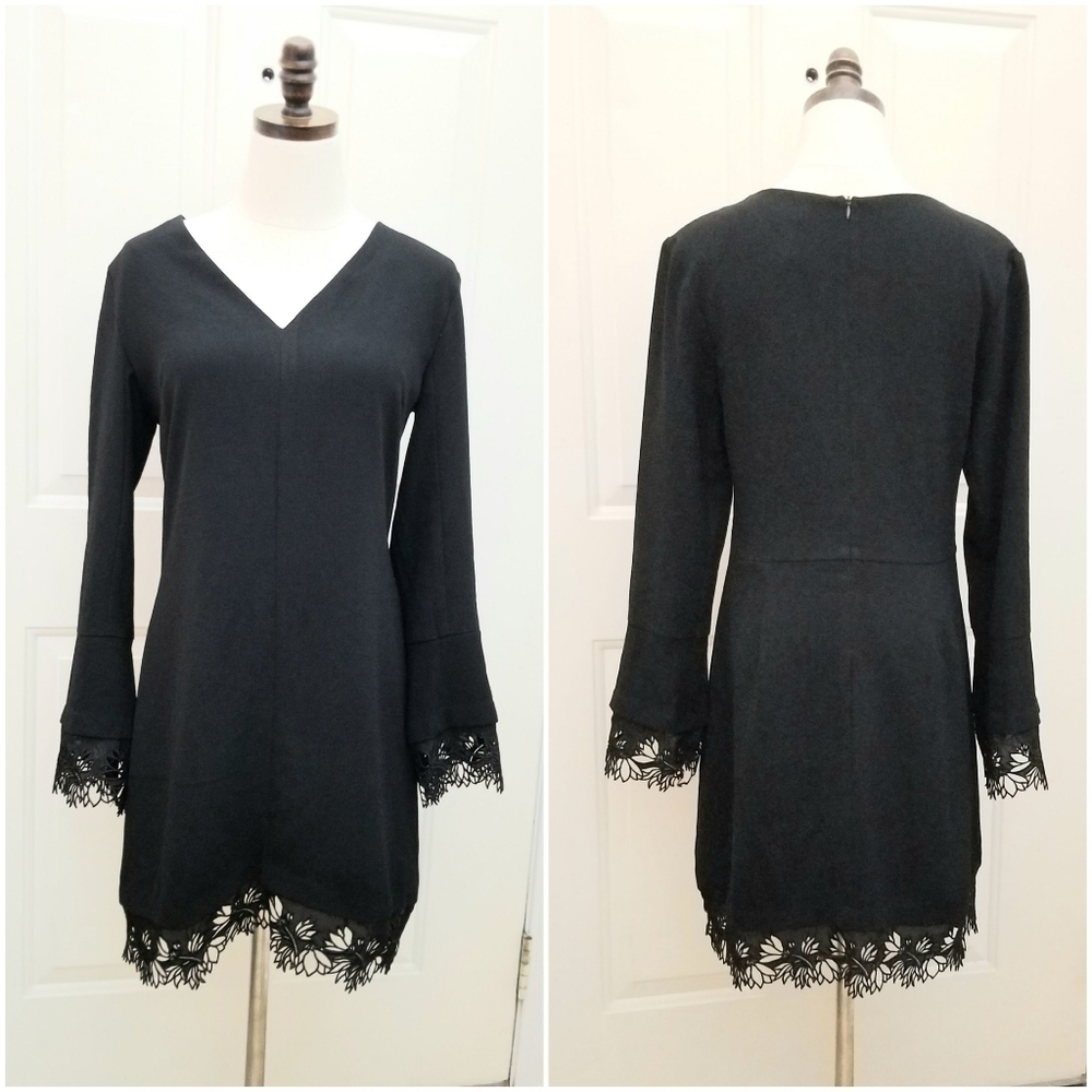 NWT Aqua Black Lace Trim Long Sleeve Mini Party Cocktail Evening Dress. Large.